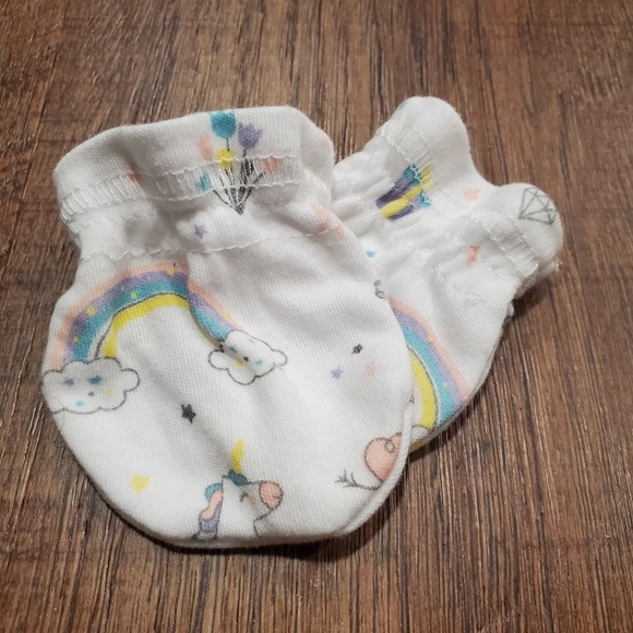 Set 2 Baby Mittens Infant Mitts Cotton Mint Green Teal Unicorn Rainbow Girl 0-3M - Picture 2 of 3